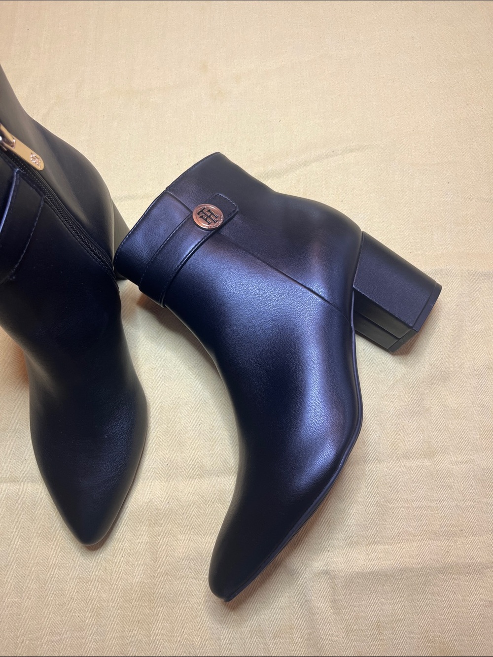 Tommy Hilfiger Black Leather Ankle Boots with Signature Emblem